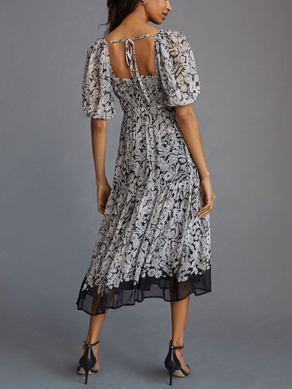 Anthropologie Black and White Floral Smocked Midi Dress - Picture 2 of 8